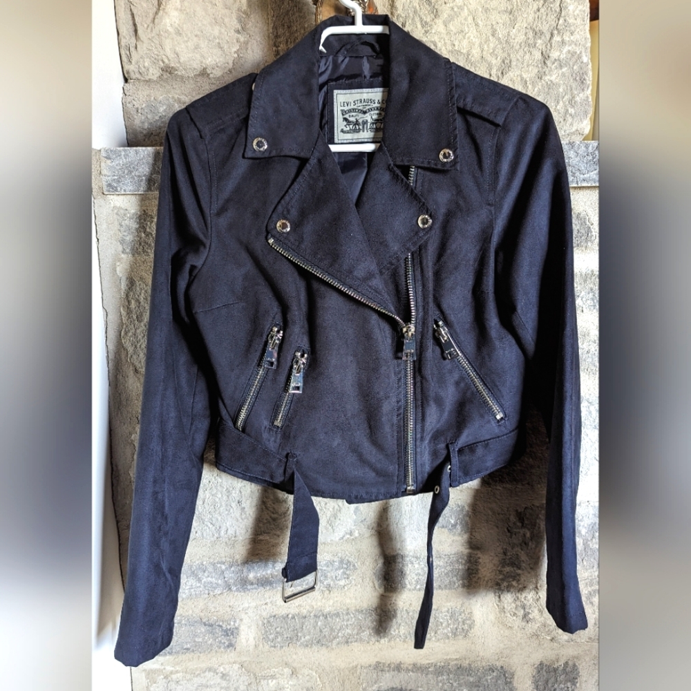 Levi's - Navy faux suede moto jacket in size XS